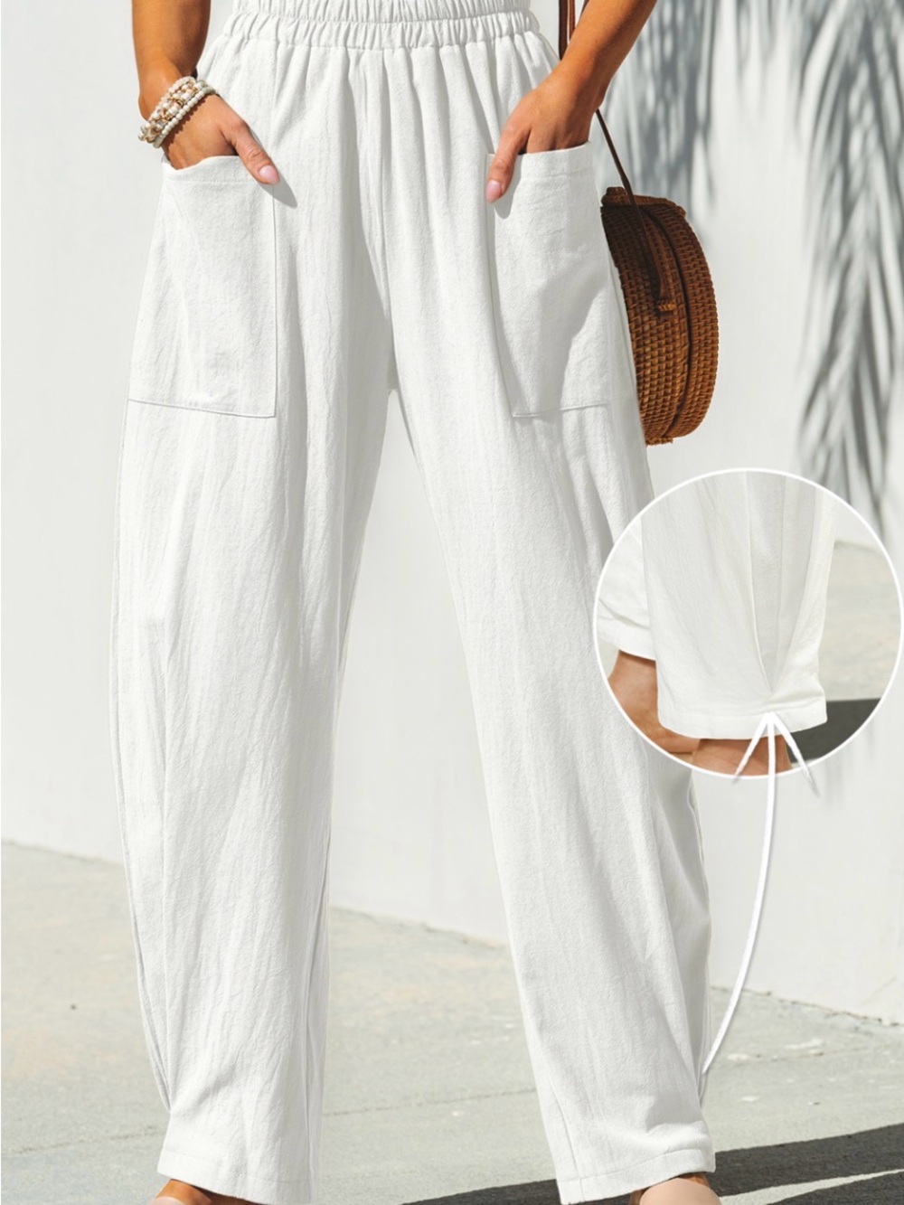 Seaside Escape Pants.  Cup She White Drawstring Linen-Blend Wide Leg Pants